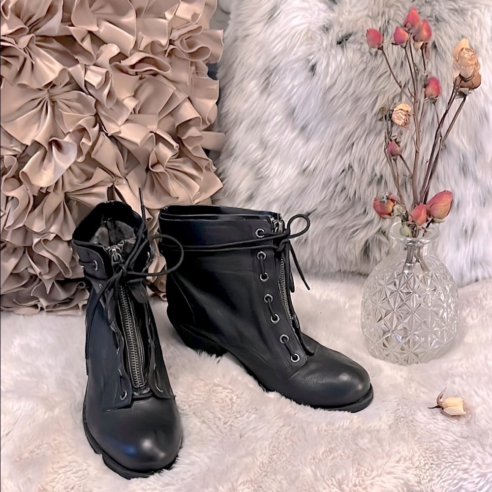 Luxury Rebel Black Leather Combat Moto Stacked Heel Lace Up Zipper Ankle Boots